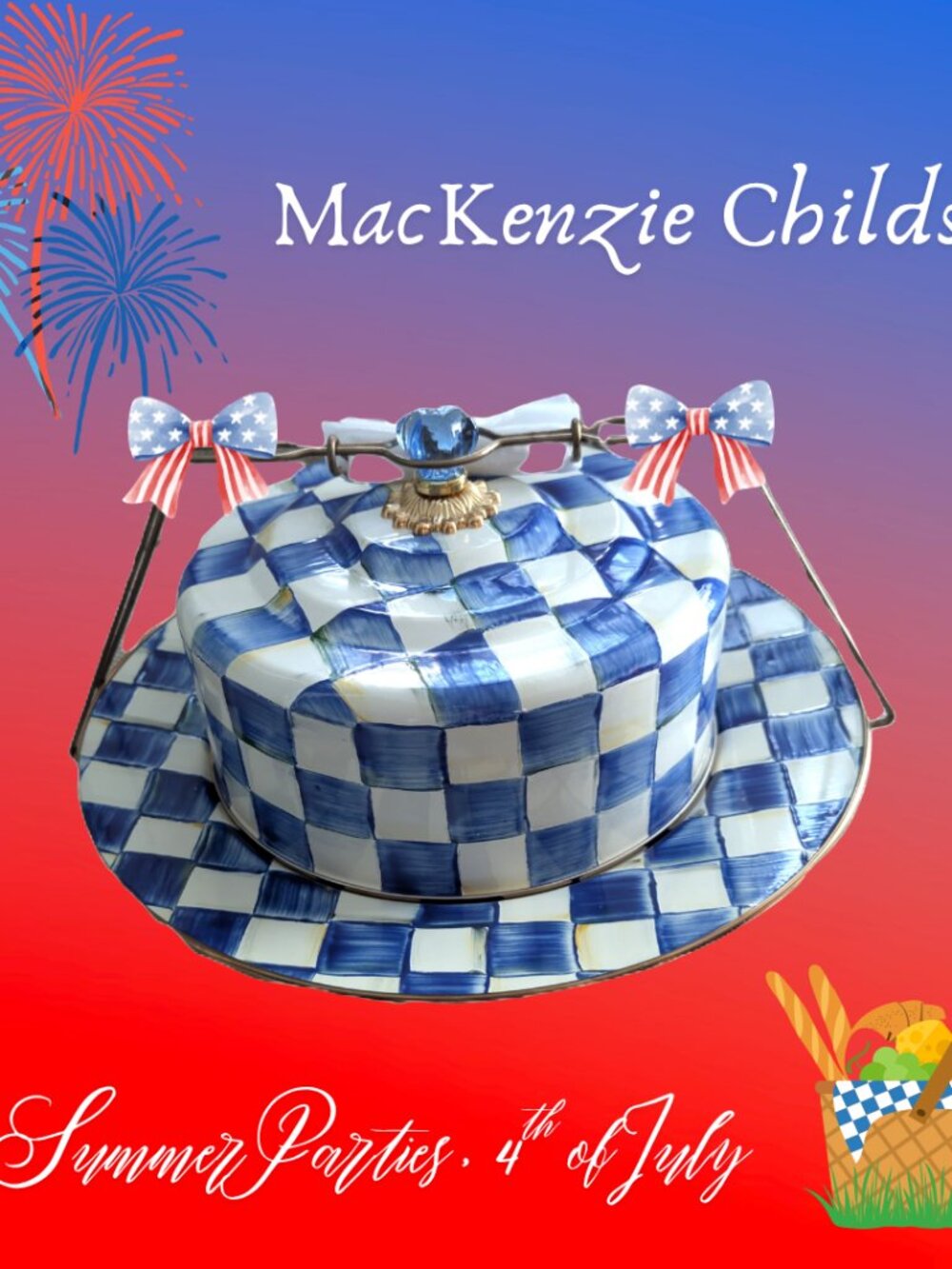 MacKenzie Childs Blue Royal Check Enamel Cake Carrier Retired Collectible